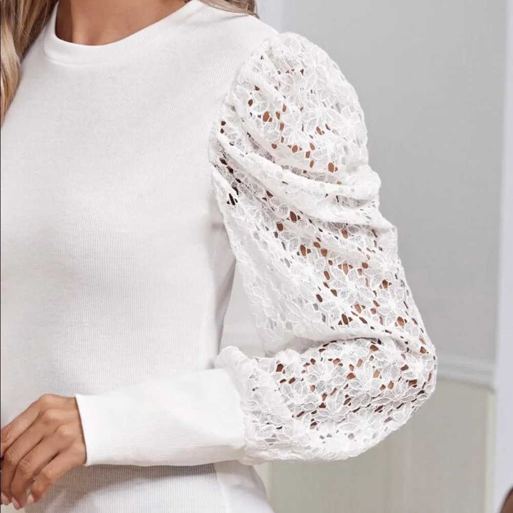 Boho Lace Puff Cuff Long Sleeve Top Blouse - Picture 4 of 11